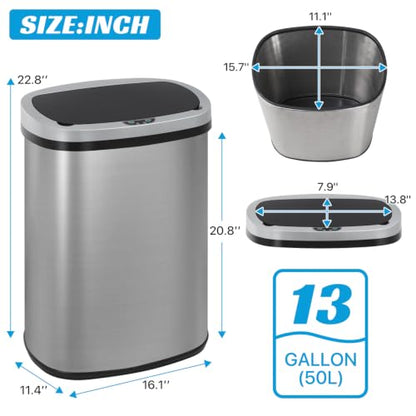 Kitchen Trash Can | Stainless Steel 13 Gallon Trash Can | 50L Touch Free Garbage Can with Lid | Electronic Sensor High Capacity Trash Bin for Bathroom Kitchen Office, Silver - color: Silver