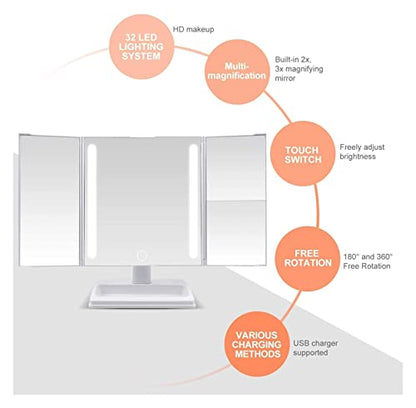 Foldable Makeup Mirror, Vanity with 32 Dimmable LED Lights with Wide-Angle t-Button Screen and Countertop Adjustable