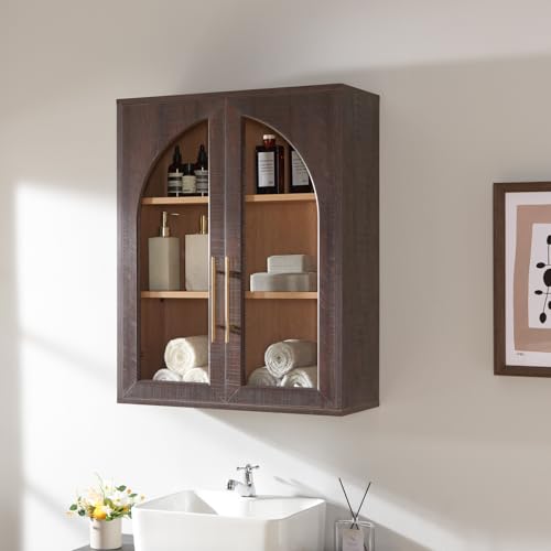 Bathroom Wall Cabinet, 23.5×31.4'' Storage Cabinet, Arched Cabinet Wall Mount with Adjustable Shelf & Glass Doors, Medicine Cabinet for Laundry Room, Bathroom, Kitchen, Living Room, Brown/Natural oak - color: Brown/Natural
