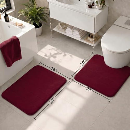 2 Piece Memory Foam Bath Mat Set, Extra Soft Absorbent Bathroom Rugs with U-Shaped Toilet Rug, Non-Slip Backing, Machine Washable, 24x16 + 20x20 U-Shaped, Burgundy - color: Burgundy