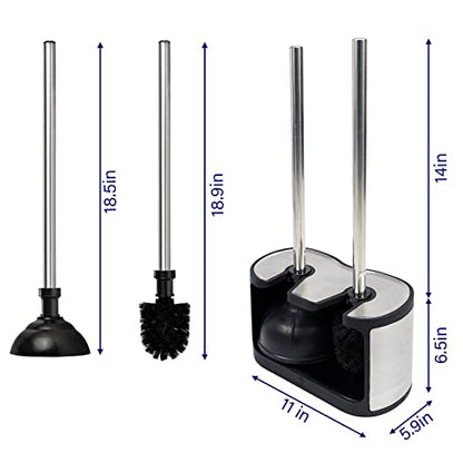 Casaphoria Stainless Steel Toilet Bowl Brush with Holder and Plunger Set, Freestanding Canister for Bathroom, 2 in 1 Hideaway Holder Heavy Duty Unclogger Plunger - style: Deluxe Long_handle