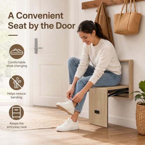 Wall Mounted Folding Stool, Solid Wood Foldable Shoe Bench with Spring Hinge, Space Saving Wall Seat for Entryway, Bedroom and Hallway - color: D