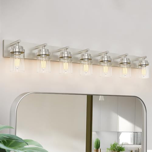 IZORRO Bathroom Vanity Light Fixture, 7-Light 52 inch Brushed Nickel Bathroom Light Fixtures Over Mirror, with Clear Glass Shade, Modern Farmhouse Vanity Lights, Rustic Restroom Lighting Fixtures - color: Nickel-Clear Glass Shade, size: 52 inch-7-Light