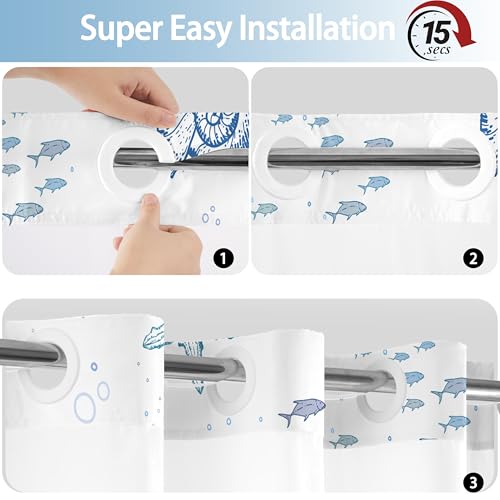 Small No Hook Shower Curtain and Liner Set, Blue Beach Coastal 36x74 | Nautical Ocean for Bathroom, with Snap in Liner Replacement, Mesh Top Window, Waterproof, Machine Washable, Quick-Drying - color: Blue, size: 36"W x 74"L (Pack of 1)