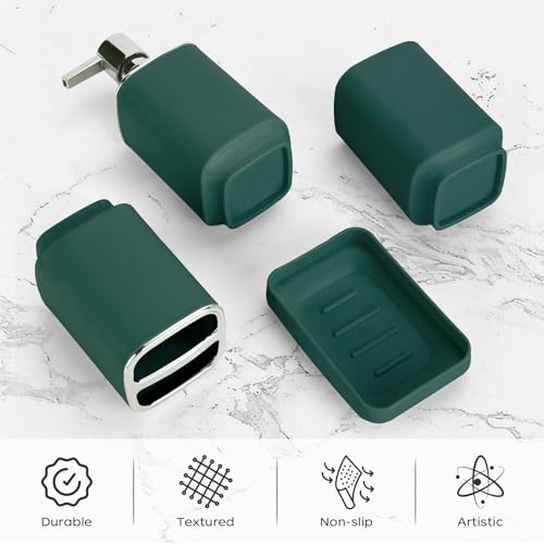 4Pcs Dark Green Bathroom Set, Square Boho Soap & Toothbrush Holder Set | Thick shatterproof ABS, electroplated rust-proof pump, drip-free, multi-slot holder, dustproof lids, easy-clean - color: Dark Green, size: 4PCS