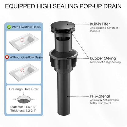Matte Black Bathroom Faucet 1 Hole, Brass Waterfall Bathroom Faucets 3 Hole 4 Inch Single Handle with Pop-up Drain, Deck Plate, Pre-Installed cUPC Hose for Lavatory, Farmhouse, 5 Mins Install - color: Matte Black