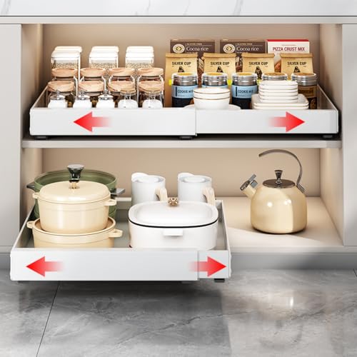 1PCS Expandable Pull Out Cabinet Organizer pots and pans organizer under cabinet Upgrade 3 Slide Rails Slide Out Drawers Roll Out Shelves Adhesive,Adjustable Width - size: (1pcs)16.54"D x 12.6~20.5"W x 2.76"H