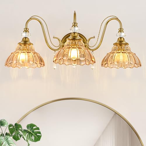 Vintage Bathroom Vanity Light, 3-Light Brushed Gold Finish Wall Sconce with Hanging Crystal Accents and Flower-Shaped Amber Glass Shades, Retro Wall Mount Vanity Light Over Mirror for Bathroom - color: Gold and Amber, size: 3-Light