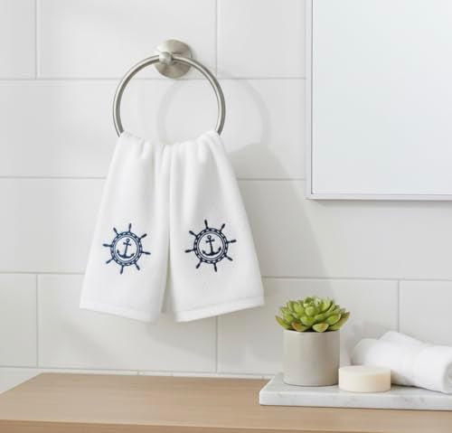 Serafina Home Summer Soft Absorbent Bathroom Coastal Guest Embroidered Fingertip Towels: Nautical Captain's Wheel Design, 2 Piece 12" x 18" Inches - color: Captains Wheel