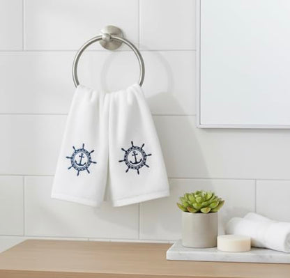 Serafina Home Summer Soft Absorbent Bathroom Coastal Guest Embroidered Fingertip Towels: Nautical Captain's Wheel Design, 2 Piece 12" x 18" Inches - color: Captains Wheel