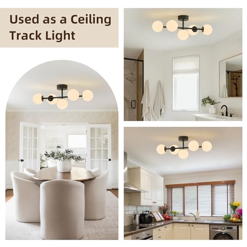 Modern Bathroom Vanity Light Fixtures,LED Matte Black Wall Sconce Lighting | 5 Lights Milk Glass Globe Vanity Light, Makeup Bathroom Vanity Lights,Dimmable Brass Mid Century Wall Sconces over Mirror - color: Black Milk Glass, size: Integrated LED