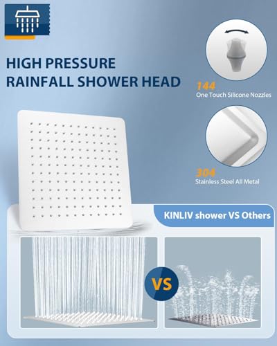 All Metal Rainfall Shower Head with Extension Arm Brushed Nickel, 12" Large Rain Square Showerhead with 16" Shower Arm All Stainless Steel, 144 Silicone Nozzles Waterfall Full Body Coverage - color: Brushed Nickel