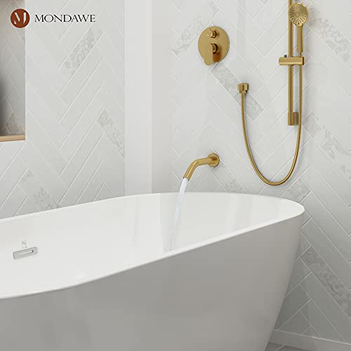 MONDAWE 9 Inch Wall Mounted Shower Faucet Set with Tub Spout in Brushed Gold, Rainfall Shower Head with 3-Setting Handheld Spray Shower Combo, High Pressure Shower System with Solid Brass Valve - color: Brushed Gold, style: 9 IN - With Tub Spout