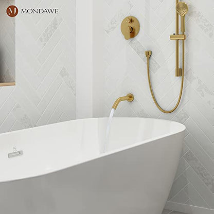 MONDAWE 9 Inch Wall Mounted Shower Faucet Set with Tub Spout in Brushed Gold, Rainfall Shower Head with 3-Setting Handheld Spray Shower Combo, High Pressure Shower System with Solid Brass Valve - color: Brushed Gold, style: 9 IN - With Tub Spout