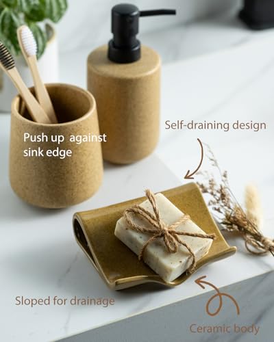 Zoeeker Ceramic Soap Dish for Shower, Bar Soap Holder with Drain Spout | Self Draining Soap Saver for Bathroom Kitchen Sink Bathtub, Sponge Holder, Waterfall Drying Tray Extends Soap Life, Yellow - color: Yellow