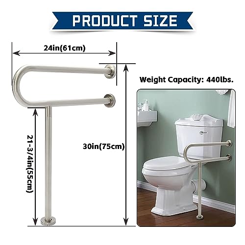 HECASA 24x30 Inch Handicap Grab Bars Rails 304 Stainless Steel Toilet Handrail Bathroom Safety Bar Wall Mount Floor Support Assist Bar for Disabled Elderly Mounted Bath Grips