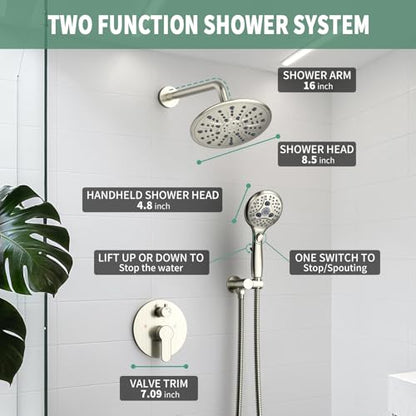 SunCleanse Brushed Nickel 8.5'' Shower System w/Handheld & Valve Kit | 2-IN-1 Shower Faucet Set, 7-setting Handheld Shower Head, Rough-in Pressure-balanced Valve and Trim Kit