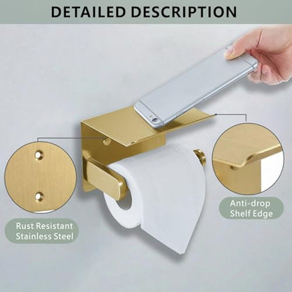 Toilet Paper Holder with Shelf, Heavy-Duty Stainless Steel Bathroom Hardware, Self-Adhesive No-Drill/Drill-Mount Wall-Mounted Roll Holder, Rust-Proof Bathroom Tissue Rack (Gold) - color: Gold