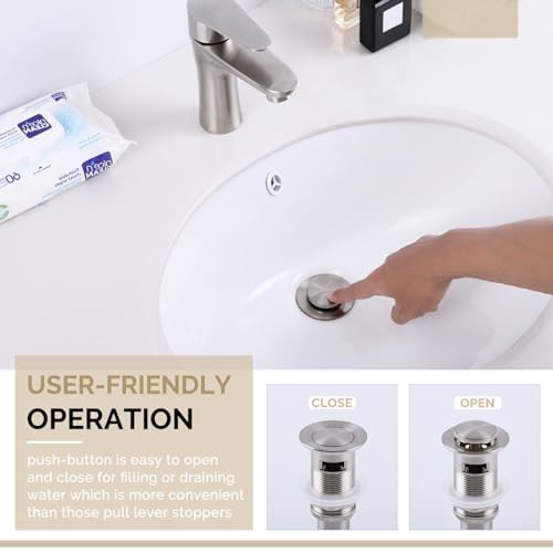 Angle Simple Pop Up Sink Drain Stopper with Overflow, Brushed Nickel | Brass Drain Stopper Assembly, Fits Lavatory & Vanity Sink with 1.61 to 2 Inches Drain Hole - color: Brushed Nickel