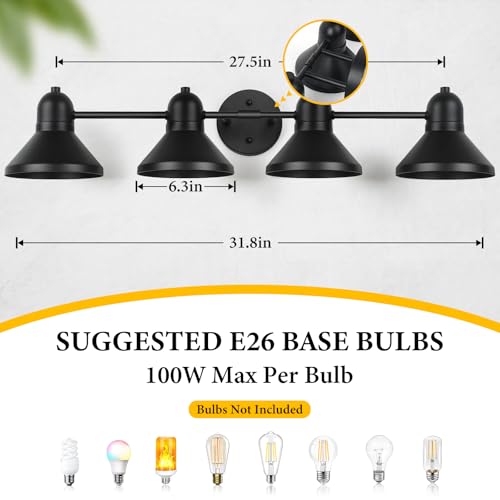 Bairth Bathroom Light Fixtures,4-Light Black Metal Vanity Light Over Mirror | Farmhouse Rustic Industrial Bathroom Vanity Light, Modern Bathroom Lights with Metal Shade for Living Room Cabinet Hallway - size: 4-Light