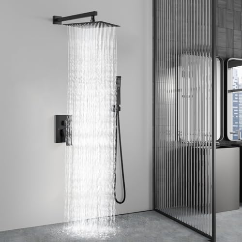 Aolemi Shower Faucet Set with Handheld Matte Black 16 Inch Head | Pressure Balance Shower Valve and Trim Kit,SUS304 Rain Head and Handle System,All Metal,Wall Mount,Bathroom,Handheld Spray - color: Black, size: 16 Inch Wall Mount Shower Head