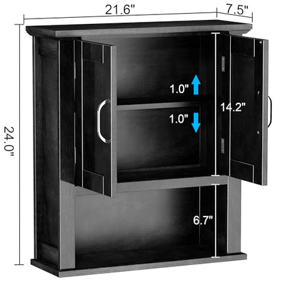 ChooChoo Wood Bathroom Wall Cabinet with Door, Black Medicine Cabinet | Rustic Over The Toilet Storage Cabinet, Adjustable Shelf, Open & Concealed Storage, 7.5 x 21.6 x 24 Inches - color: Black