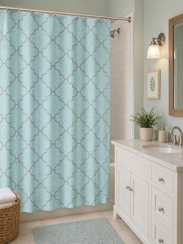 Serafina Home Geometric Aqua Fabric Shower Curtain, Blue Grey Damask Moroccan Design, 70x72 Inch, with 12 Rollerball Hooks - color: Portman Geo