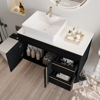 36” Floating Bathroom Vanity with Ceramic Sink, Wall-Mounted Plywood Cabinet with 2 Doors & 2 Drawers, White Left Side Vessel Sink, Soft-Close Storage Vanity, Side White - color: Side White