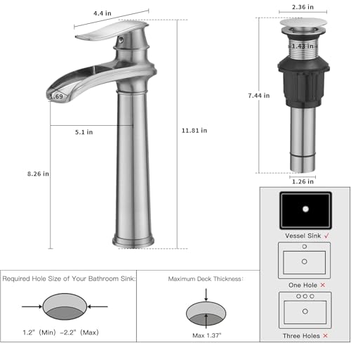 BWE Vessel Sink Faucet Brushed Nickel Tall Waterfall Bathroom Faucet | Deck Mount Single Handle One Hole Lavatory Vanity Faucet with Pop Up Drain Assembly and Supply Hose,Solid Brass - color: Brushed Nickel, size: 11.81 inch Vessel Version