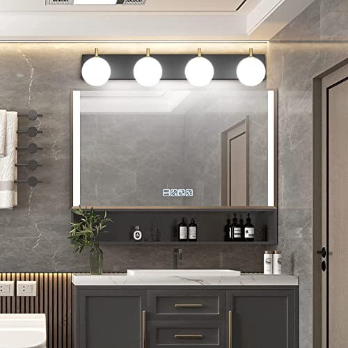 Aipsun Mid Century Modern Vanity Light 4 Lights Milky Glass Modern Bathroom Light Fixtures Over Mirror(Exclude Bulb) - color: Black+Gold, size: 4 Lights