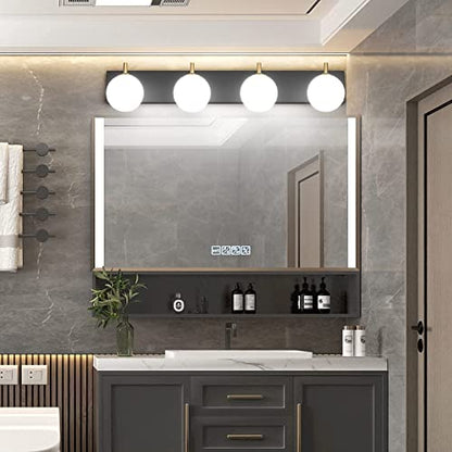 Aipsun Mid Century Modern Vanity Light 4 Lights Milky Glass Modern Bathroom Light Fixtures Over Mirror(Exclude Bulb) - color: Black+Gold, size: 4 Lights