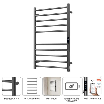 Electric Towel Rack with Voice Control for Alexa & Google Home,TUYA-Wall-Mounted Bathroom Heating Towel Warmer,Stainless Steel Material,31.5x20.08x4.41in,Plug-in,Gunmetal Grey,10 Bars - color: Gungrey With Wifi, size: 10 Bar