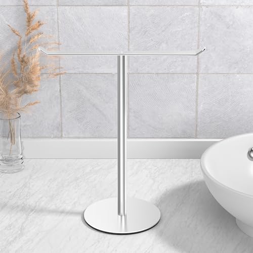Silver T-Shaped Hand Towel Holder Stand for Countertops, Stainless Steel | Countertop rack for bathrooms and kitchens; organizes hand towels, headbands and other lightweight items. - color: Brushed Nickel