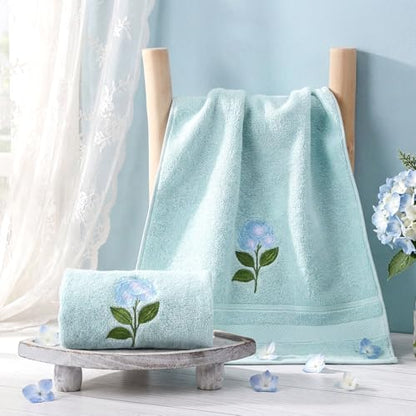 SmoothNovelty 2 Pcs Hydrangea Flower Hand Towels Dusty Blue Bathroom Decor 14x29 Inch Embroidered 100% Cotton Soft Absorbent Spring Summer Decorative Hand Towels for Bathroom Kitchen - style: Hydrangea Flower