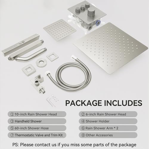 Shower Faucets Sets Brushed Nickel Shower System,12" Ceiling Rainfall Shower and 6" Wall Mount with 2 in 1 Handhled, Can Use All at Once, Thermostatic Shower Set with Valve and Trim Kit - color: Brushed Nickel, size: 6+12 inch-11