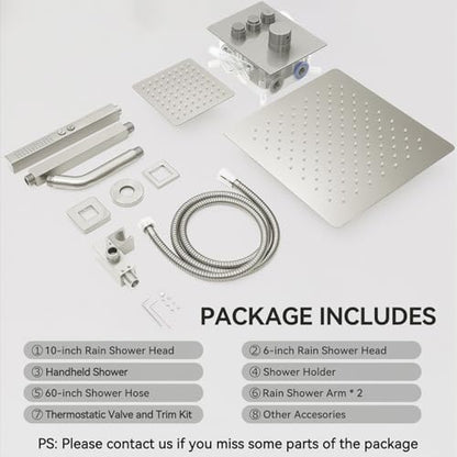 Shower Faucets Sets Brushed Nickel Shower System,12" Ceiling Rainfall Shower and 6" Wall Mount with 2 in 1 Handhled, Can Use All at Once, Thermostatic Shower Set with Valve and Trim Kit - color: Brushed Nickel, size: 6+12 inch-11