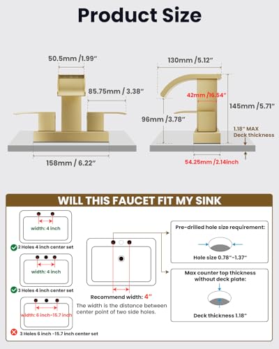 gotonovo Waterfall 4’’ Centerset Bathroom Sink Faucet Brushed Gold | 2 Handle Bathroom Faucet,SUS304,2 or 3 Hole,2.17’’ Wide Spout,24’’ cUPC Water Line,Pop Up Drain,Vanity,RV,Lavatory Modern Tap - color: Gold
