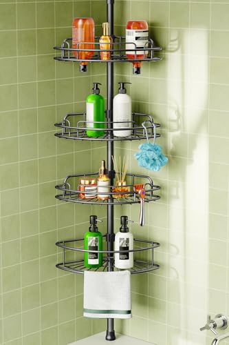 HAMITOR Corner Shower Caddy Tension Pole: 4-Tier Rust-Resistant Adjustable Bathroom Organizer Shelves - 47-121 Inch No-Drill Quick Installation - Space-Saving Storage for Renters Families - Black - color: black