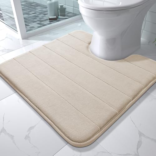 Yimobra Memory Foam Toilet Bath Mat U-Shaped, Soft and Comfortable, Super Water Absorption, Non-Slip, Thick, Machine Wash and Easier to Dry for Bathroom Commode Contour Rug, 24 X 24 Inches, Beige - color: Beige, size: 24" X 24"