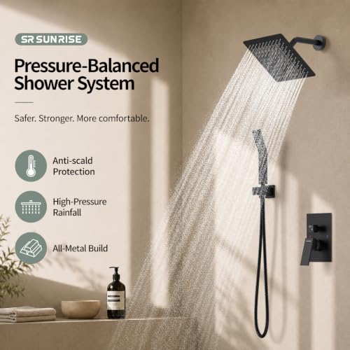 SR SUN RISE Shower Faucet - 8 Inch Shower System with Rain Shower Head and Handheld Spray - Shower Faucet Trim Repair Kits with Diverter Valve - All Metal Shower Set - Matte Black - color: Matte Black, size: 8 Inch