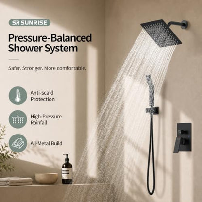 SR SUN RISE Shower Faucet - 8 Inch Shower System with Rain Shower Head and Handheld Spray - Shower Faucet Trim Repair Kits with Diverter Valve - All Metal Shower Set - Matte Black - color: Matte Black, size: 8 Inch