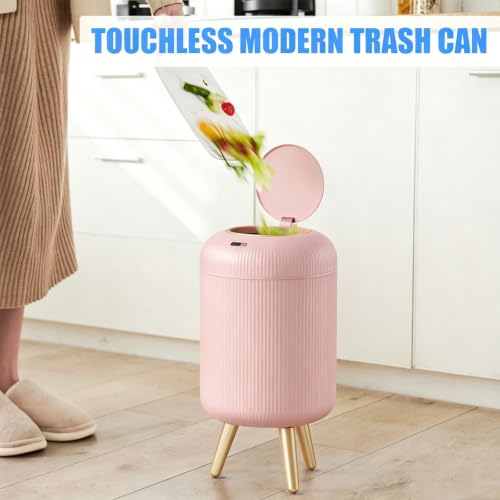 URALFA Automatic Bathroom Trah Can, 3 Gal Motion Sensor Trash Can Touchless | Touchless Sensor Bathroom Garbage Can with Lid, Smart Trash Bin for Bedroom, Office, Restroom, Removable Legs, Pink and Gold - color: Pink, style: Automatic with Legs