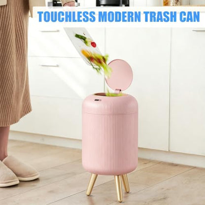 URALFA Automatic Bathroom Trah Can, 3 Gal Motion Sensor Trash Can Touchless | Touchless Sensor Bathroom Garbage Can with Lid, Smart Trash Bin for Bedroom, Office, Restroom, Removable Legs, Pink and Gold - color: Pink, style: Automatic with Legs