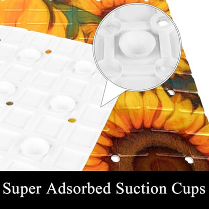 Shower Mat Non-Slip Bathtub Mats with Suction Cups and Drain Holes, Sleeping Cat Sunflower Design, Easy to Clean for Bathroom, 26.8x15.1In - color: Multi 13