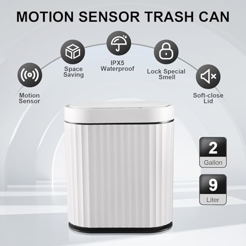 ELPHECO Bathroom Trash Can with Lid, 2 Gallon, Motion Sensor, Black White | Automatic Garbage Can, Slim Smart Trash Bin, Waterproof Plastic Wastebasket, Narrow Bin for Kitchen and Office - color: White Black