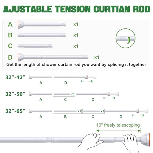 Shower Curtain Rod 32-65 Inches, No Drill Shower Rod Tension, Never Rust Anti-Slip Shower Curtain Rod for Bathroom Window, Adjustable Tension Curtain Rod. White - color: white, size: 32-65 inches