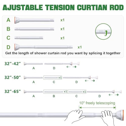 Shower Curtain Rod 32-65 Inches, No Drill Shower Rod Tension, Never Rust Anti-Slip Shower Curtain Rod for Bathroom Window, Adjustable Tension Curtain Rod. White - color: white, size: 32-65 inches