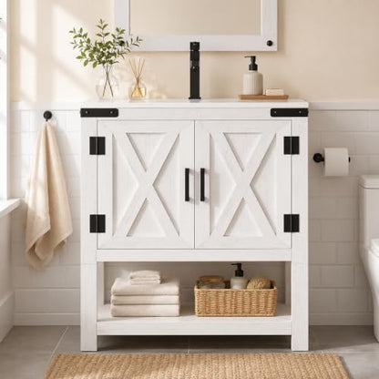 AMERLIFE 24" White Farmhouse Bathroom Vanity with Sink and Open Shelf | Antique White, Single Solid White Integrated Top, Moisture-Resistant MDF, Barn Doors, Open Shelf, Paper Towel Holder - color: Antique White, size: 24“
