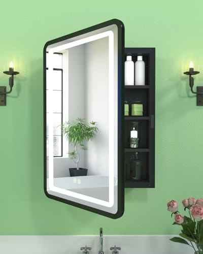 20"x30" Lighted Medicine Cabinet with Mirror, Anti-Fog, Dimmable 3 Lighting | LED Bathroom Mirror with Storage Wall Mounted & Recessed Mounted, Memory Function, 3 Shelves & 1 Organizer, Metal, Black - color: 20"x30" With Anti-fog