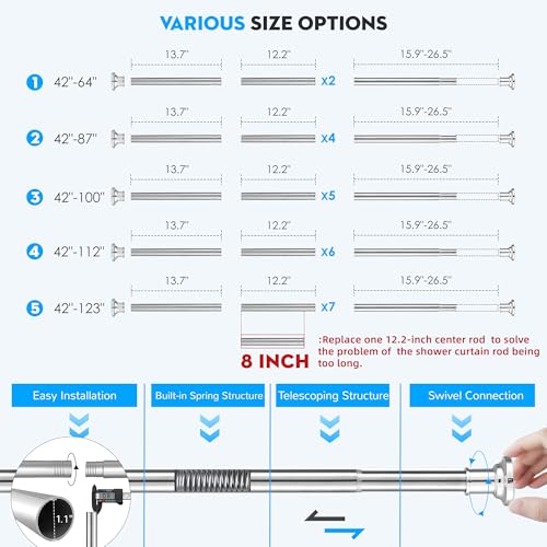 Outdoor Tension Rods No Drilling Patio Shower Curtain Rod 30-130 Inch | Extra Long Tension Curtain Rod,10FT,Heavy Duty,1.1 Inch Thick Diameter,Spring Adjustable,No Rust,Bathroom,Windows,Silver - color: Silver, size: 30-130 inches